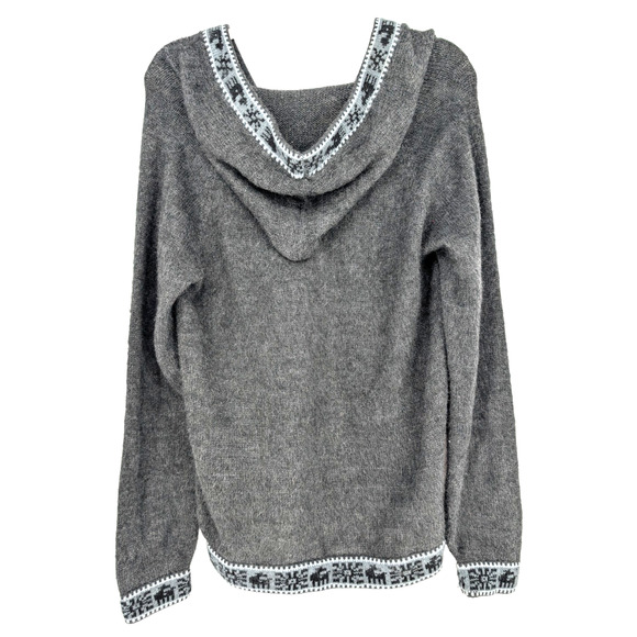Womens Gray Peruvian Alpaca Hooded Lace Up Neck Boho Sweater Medium - Picture 6 of 8